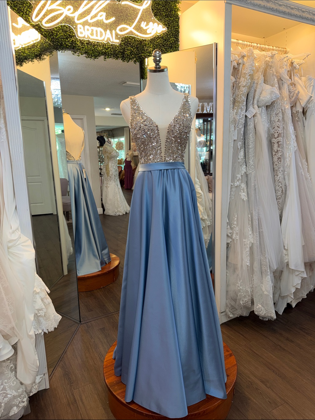 Sequin Bodice Satin A-Line Evening Dress In Light Blue
